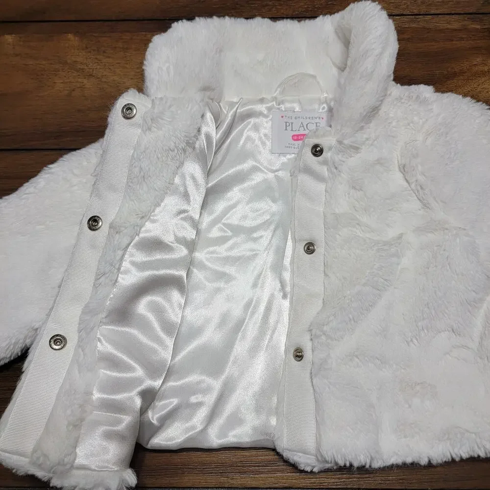 The Children's Place Infant White Faux Fur Coat w/ Pockets - Size 18-24M